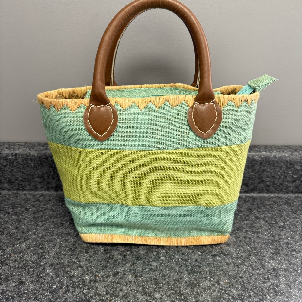NWOT Morgan & Company Straw Purse Blue Green Handbag Brown Handle Beach Bag